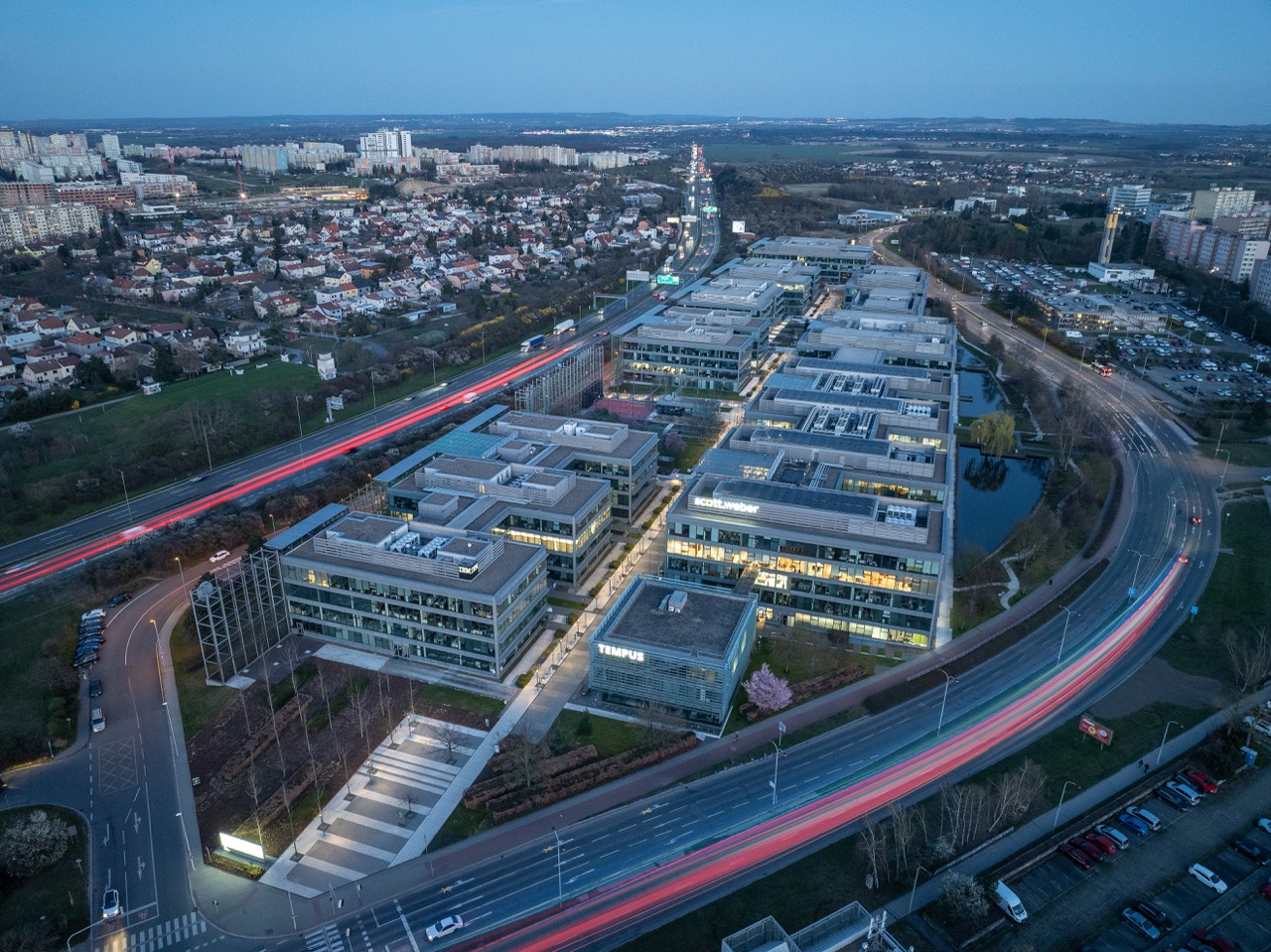 The Park campus at twilight with light trails